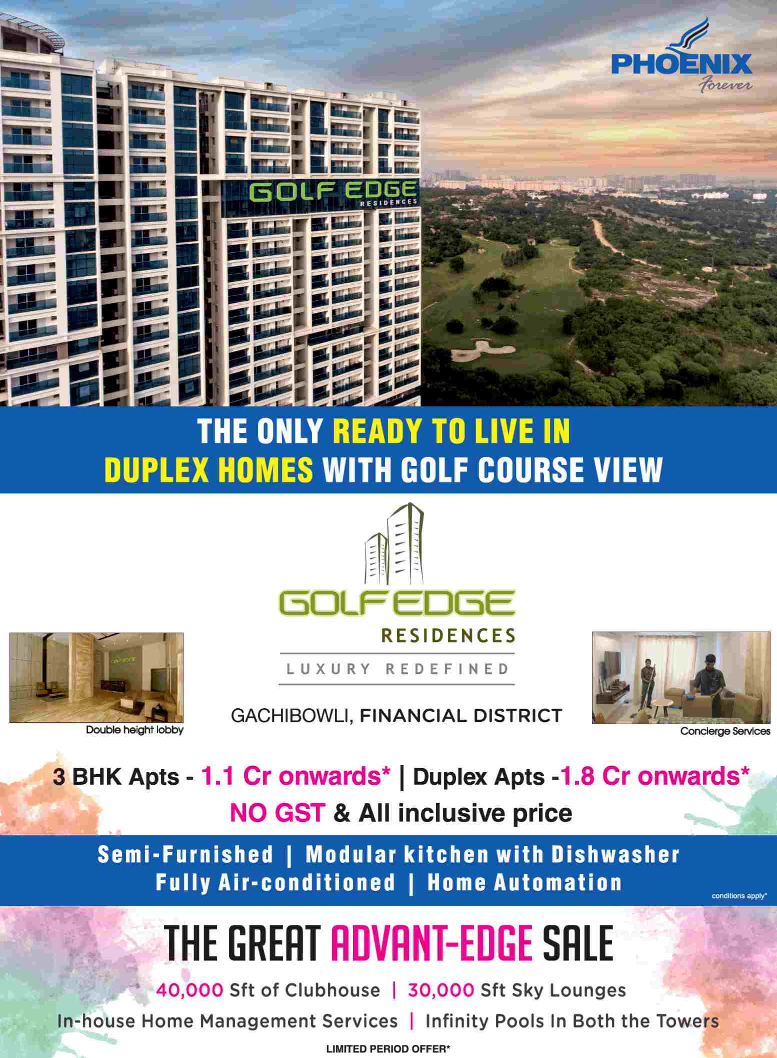 Live in the only ready to live duplex homes with golf course view at Phoenix Golf Edge in Hyderabad